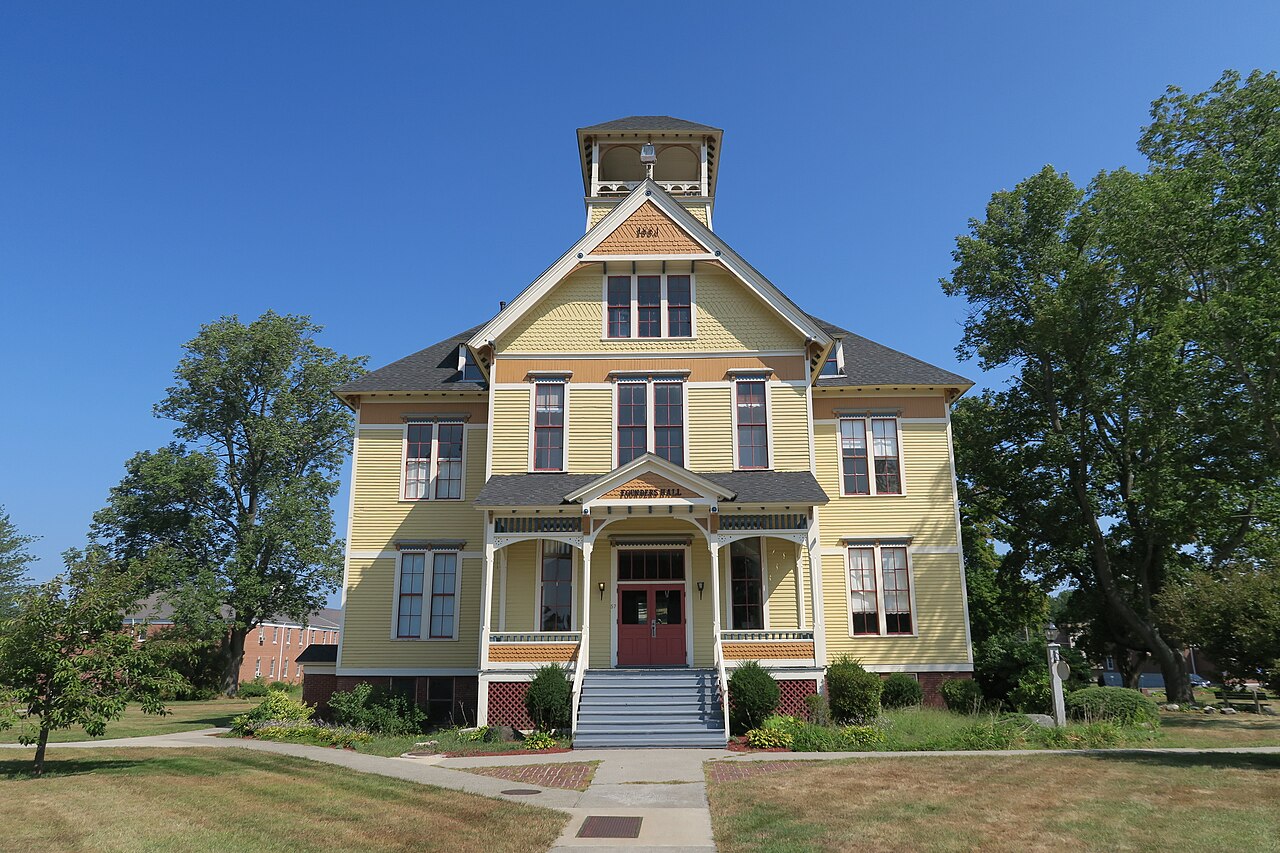 Founders Hall, a brick building with a white columned entrance on the former Atlantic Union College campus