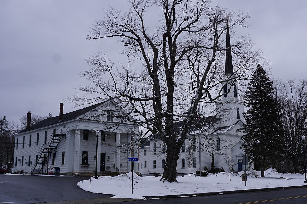 Holden center with the white First Congregational Church steeple and historic buildings along Main Street